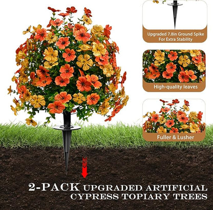 23" Set of 2 Artificial Boxwood Topiary Flowers Ball with Spikes for Outdoor Fall Decorations, Faux Greenery Shrubs,Fake Bushes Plants for Garden, Yard, Front Porch, Patio（Orange Green ）