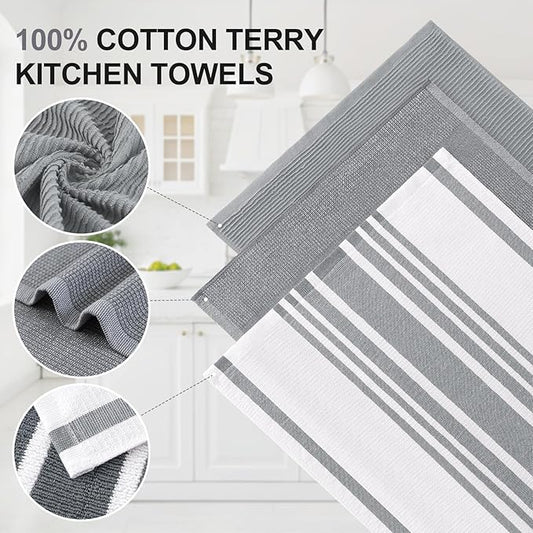 Homaxy Premium Kitchen Towels(18”x 28”, 6 Pack), Large Cotton 380 GSM Kitchen Hand Towels, Soft and Absorbent Terry Dish Towels, Multipurpose Tea Towel Set with Hanging Loop, Grey