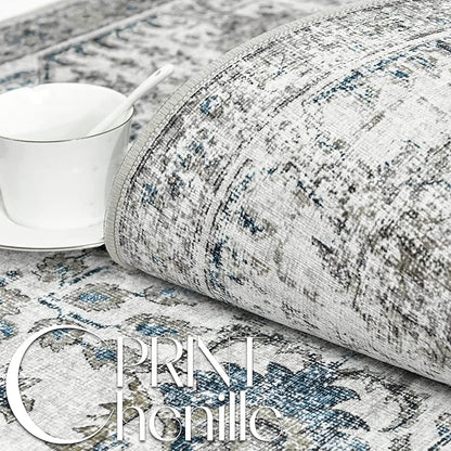 jinchan Runner Rug 2x7 Washable Hallway Rug Vintage Indoor Thin Retro Floor Cover Distressed Floral Country Lightweight Non Slip Carpet for Entryway Bathroom Kitchen Bedroom Living Room Stairway Blue