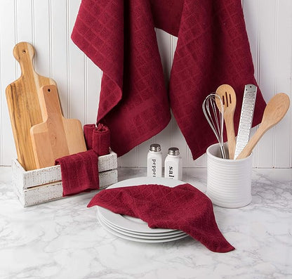 DII Basic Terry Collection Solid Windowpane Dishcloth Set, 12x12, Wine, 6 Piece