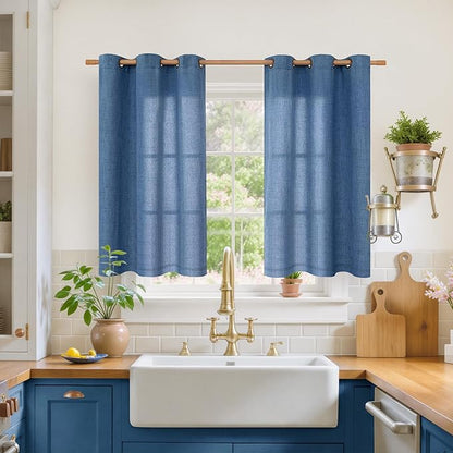 YoungsTex Navy Blue Linen Kitchen Window Curtains 40 Inch Length, Short Light Filtering Drapes Semi Sheer with Bronze Grommet Privacy for Cafe Bathroom Windows, 42 x 40 Inch, 2 Panels