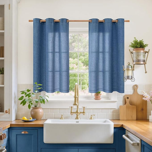 YoungsTex Navy Blue Linen Kitchen Window Curtains 40 Inch Length, Short Light Filtering Drapes Semi Sheer with Bronze Grommet Privacy for Cafe Bathroom Windows, 42 x 40 Inch, 2 Panels