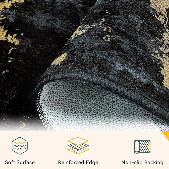 Washable Area Rugs 6'x9' Non-Slip Modern Abstract Soft for Living Room Entryway Bedroom Nursery, Print Pattern, Dark Black Gold