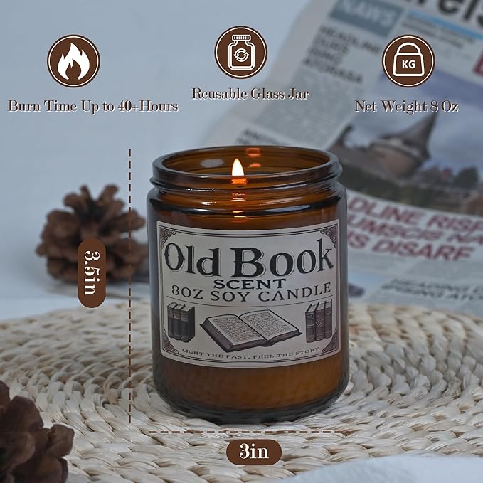 Old Book Candle, Book Lovers Gifts Ideas for Readers, Reading Accessories, Bookish Present, Birthday Gifts for Women, Bookworm, Librarian, Men