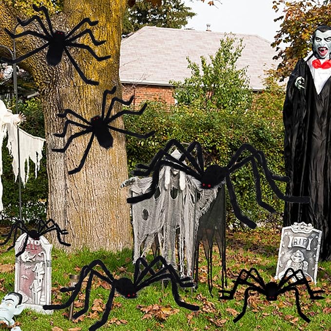yosager Outdoor Halloween Decorations 6Pcs Realistic Giant Spiders, Huge Hairy Scary Halloween Spider Prop, Black Spooky Spider for House Window Yard Garden Patio Decor (12" 24" 24" 36" 36" 60")