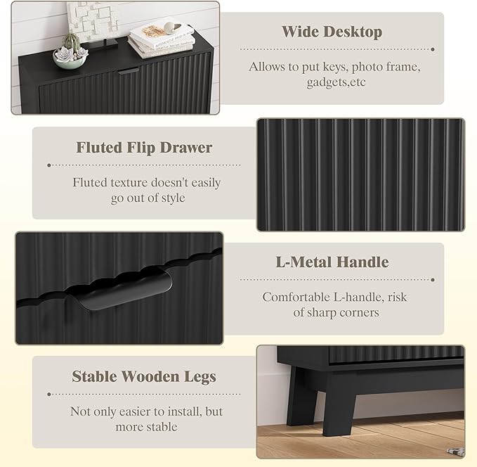 Shoe Cabinet Storage for Entryway with 3 Flip Drawers, Fluted Narrow Shoe Organizer with Wooden Legs, Freestanding Slim Shoe Storage Hidden Shoe Rack Organizer for Front Door Entrance, Hallway, Black