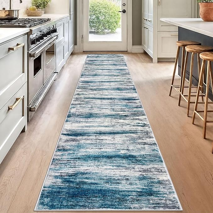 KOZYFLY Modern Abstract Kitchen Runner Rug, 2x12 Washable Rug Runner Non-Slip Soft Striped Hallway Runner Rugs, Light Blue Print Carpet Runner for Entryway Bathroom Laundry Room Foyer