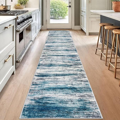 KOZYFLY Modern Abstract Kitchen Runner Rug, 2x12 Washable Rug Runner Non-Slip Soft Striped Hallway Runner Rugs, Light Blue Print Carpet Runner for Entryway Bathroom Laundry Room Foyer