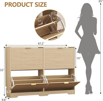 Shoe Cabinet Storage for Entryway with 4 Flip Drawers, Oak Fluted Shoe Cabinet with Adjustable Shelves, Wooden Hidden Shoes Rack Freestanding Narrow Slim Shoes Storage for Hallway, Entrance
