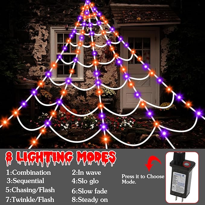 Halloween Decorations Spider Webs Lights: 150 Purple & Orange LED Halloween Lights Decor Outdoor, 17.4Ft Giant Spiderweb with 8 Lighting Modes Waterproof & Timer, Yard Spider Web Decoration