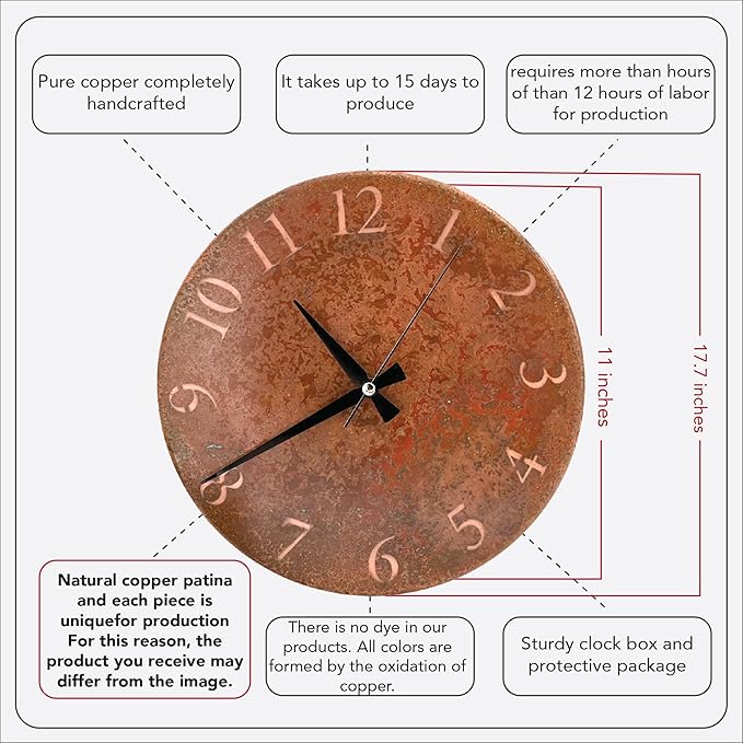 Handmade Pure Copper Wall Clock for Home Decoration, Decor Clock for Living Room, Bedroom and Kitchen, Rustic Decorative Mural Clock Art for Farmhouse (Rusty Numbers, 11)