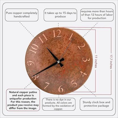 Handmade Pure Copper Wall Clock for Home Decoration, Decor Clock for Living Room, Bedroom and Kitchen, Rustic Decorative Mural Clock Art for Farmhouse (Rusty Numbers, 11)
