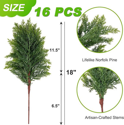 16 Pcs Exceptionally Lush Artisan-Crafted Norfolk Pine Branches – 18" Real Touch Artificial Christmas Greenery Stems for Garland, Wreaths, Vases & DIY Indoor/Outdoor Décor
