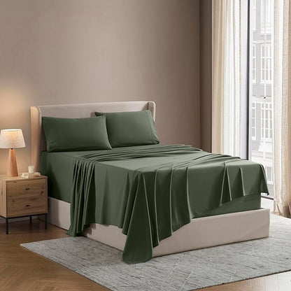Nestl Short Queen Sheet Set - 1800 Ultra-Soft Microfiber - Double Brushed - Deep Pockets - Easy Fit - 4 Piece Set - Bed Sheets (Short Queen, Olive Green)