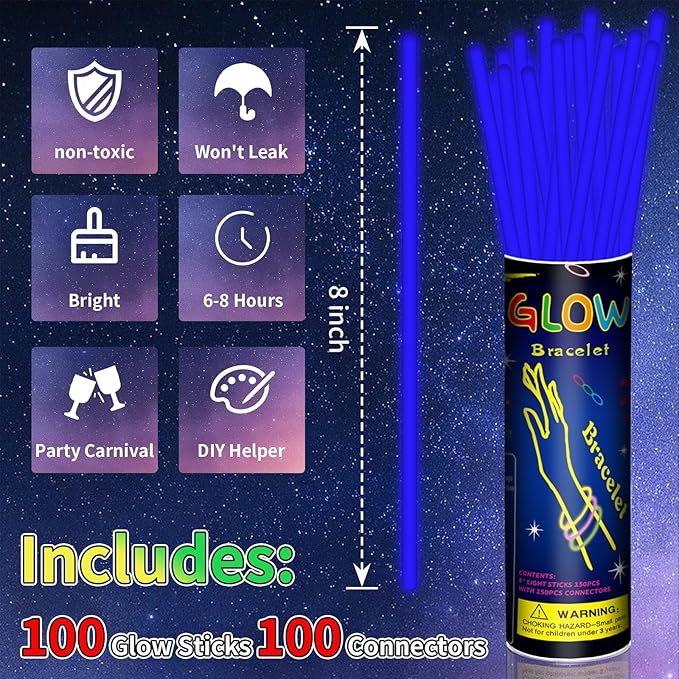 100 Pack 8” Blue Glow Sticks Bulk with 100 Connectors Neon Glow In The Dark Party favors Supplies for Holiday Birthday Party Decoration (Blue)