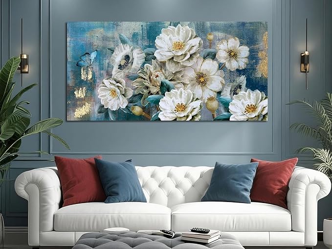 Arjun Flowers Canvas Wall Art for Bedroom White Elegant Teal Picture, Textured Floral Magnolia Painting Living Room Wall Decor Turquoise Large Artwork Dining Room Home Office 48"x24"
