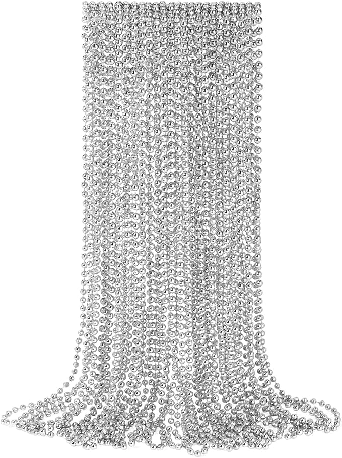 12 PCS Silver Bead Necklaces, Silver Mardi Gras Christmas Beads Necklaces, Patriotic Necklaces, 33 Inch Beaded Necklaces for Mardi Gras Christmas Party, 4th of July and New Year Eve Festive Events