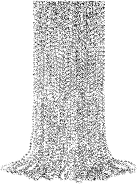 12 PCS Silver Bead Necklaces, Silver Mardi Gras Christmas Beads Necklaces, Patriotic Necklaces, 33 Inch Beaded Necklaces for Mardi Gras Christmas Party, 4th of July and New Year Eve Festive Events