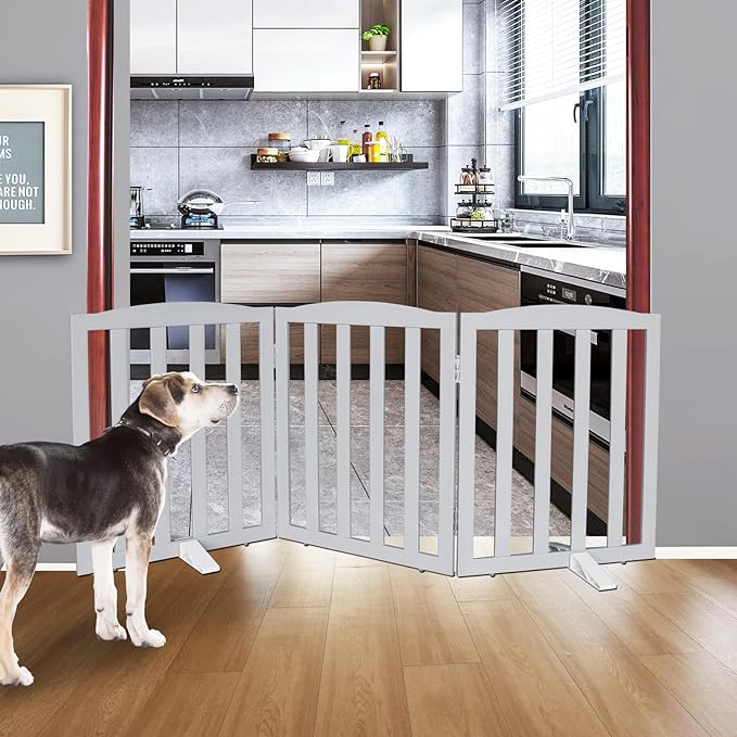 ZJSF Foldable Freestanding Indoor Dog Gate for House Wood Long Pet Gates Dog Fence for Stairs Puppy Gates for Hallways, Puppy Gate,Support Feet Included, Grey, 24 "Height-3 Panels