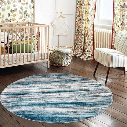 KOZYFLY Abstract Round Washable Rug 3Ft, Modern Kitchen Non-Slip Soft Small Bathroom Circle Rug, Blue Striped Entryway Rugs Print Faux Wool Doormat for Bedside Entrance Bedroom Sink