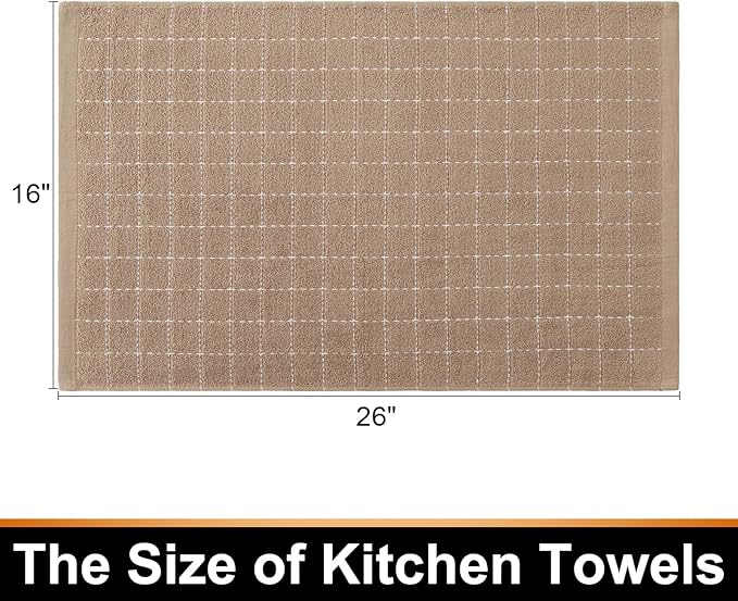 Mordimy 100% Cotton Terry Cloth Kitchen Towels, Super Soft and Absorbent Dish Towels for Drying, Checkered Designed Hand Towels for Kitchen, 16 x 26 Inches, 8 Pack, Tan