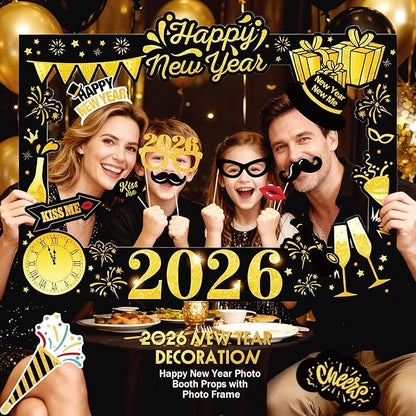 New Years Eve Party Supplies 2026 - NYE Photo Booth Props Kit with Glitter Photo Frame, 2026 Glasses & Mustache (Pack of 19)