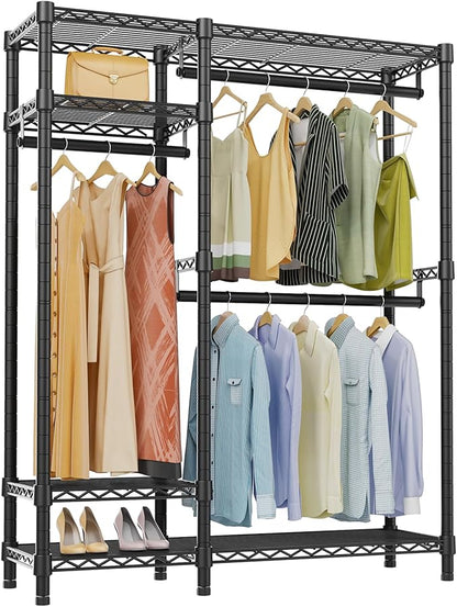 VIPEK V2S Heavy Duty Clothes Rack, Portable Metal Clothing Racks with 4 Tiers Adjustable Wire Shelving & 3 Hanging Rods, Freestanding Wardrobe Portable Closet Rack, Max Load 800LBS, Black