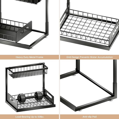 VUSIGN Under Sink Organizers Storage, 2 Tier Under Cabinet Organizer Shelf, Pull Out Kitchen Bathroom Sink Organizer Storage Organization, 2 Pack Black