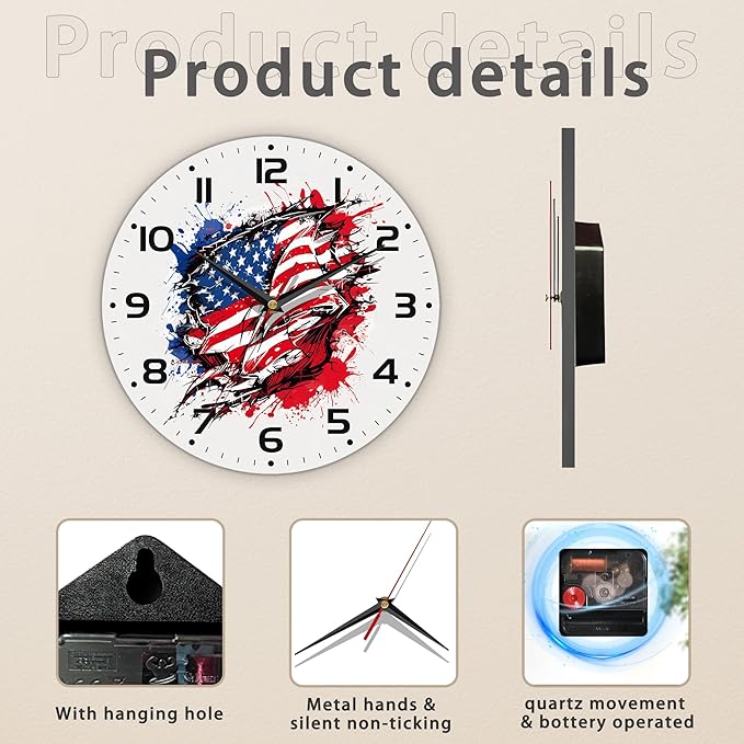 American Flag Street Art Style Wall Clock Silent Non-Ticking Battery Operated Clock 10 Inch, Home Decor for Living Room, Kitchen, Bedroom and Office