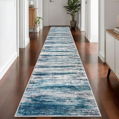 KOZYFLY Modern Abstract Hallway Runner Rug,2.6x14 Washable Rug Runner Non-Slip Soft Striped Kitchen Runner Rugs, Print Blue Carpet Runner for Entryway Bathroom Laundry Room Foyer