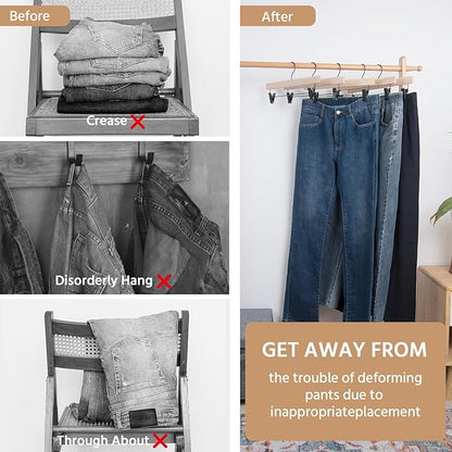 Nature Smile Deluxe Wooden Pants Hangers,Solid Rubber Wood Jeans Skirt Hanger Without Painting,with Adjustable Black Clips and Rotatable Hook,Pack of 10(Natural unvarnished)