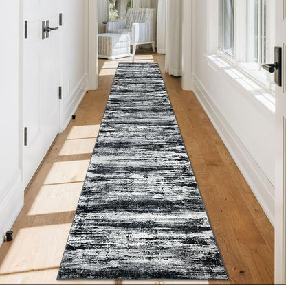 KOZYFLY Modern Abstract Kitchen Runner Rug, 2x12 Washable Rug Runner Non-Slip Soft Striped Hallway Runner Rugs, Black Navy Blue Grey Carpet Runner for Entryway Bathroom Laundry Room Foyer