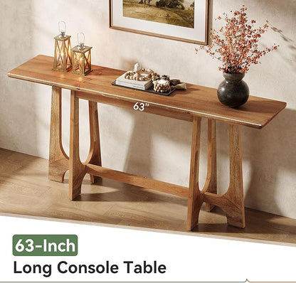 63-Inch Solid Wood Console Table, Farmhouse Long Sofa Table Behind Couch with Geometric Base for Entryway, Entrance, Living Room, Walnut Brown