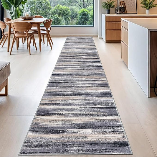 Modern Abstract Runner Rug 2.6x16, Grey Black Multi Washable Long Kitchen Runner Non-Slip Soft Hallway Rug Runner Thin Print Faux Wool Carpet for Entryway Bedroom Laundry Room Indoor Home Decor