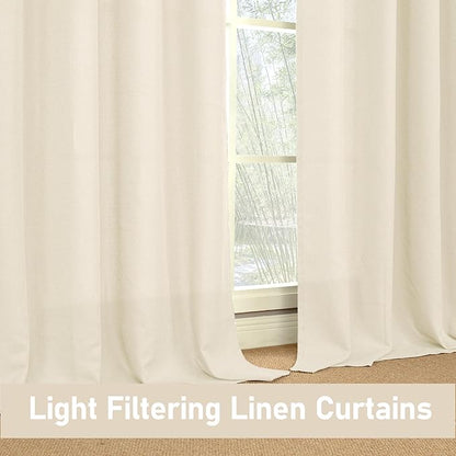 LAMIT Light Beige Linen Curtains 63 inch Length for Bedroom, Grommet Thermal Insulated Thick Curtains Burlap Light Filtering Panels for Living Room/Outdoor/French Door, Set of 2 Panels, W52 x L63