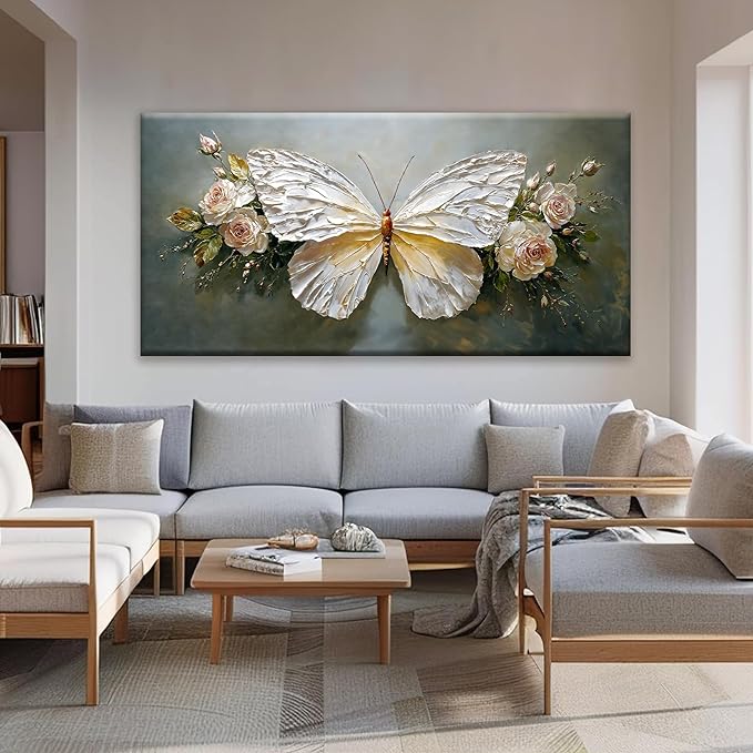 Large Wall Art Decor Abstract White Simple Butterfly And Rose Wall Art For Living Room Bedroom Office Kitchen Home Wall Decor 29x58 Inch Modern Abstract Artwork