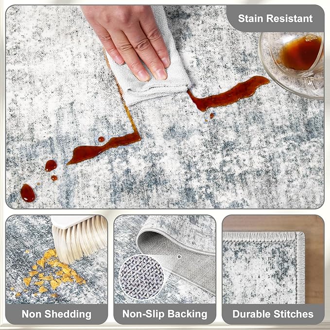 Modern Abstract Washable Area Rug - 5x7 Large Living Room Rugs Soft Stain Resistant Non-Slip Low Pile Foldable Neutral Carpet for Indoor Bedroom Dining Room Home Studio Office - Blue/Grey