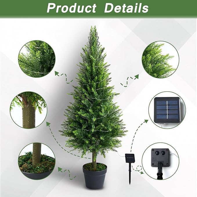 2 Packs of Fake Cypress Plants, 4FT Artificial Cedar Pruning Tree, with Flowerpot, UV Resistant Artificial shrubs, Suitable for Outdoor and Indoor Front Porch Gardens