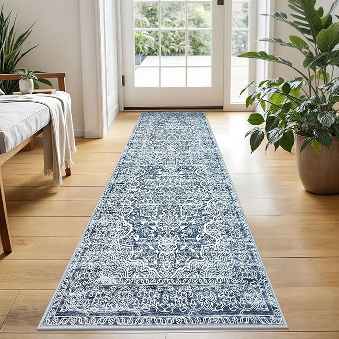 KUTA Vintage Washable Runner Rug, 2x5 Runners Non-Slip Blue White 5ft Hallway Kitchen Rugs Ultra Soft Printed Floral Distressed Tribal Farmhouse Carpet for Bedroom Entryway Decor