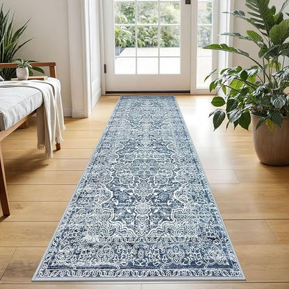 KUTA Vintage Washable Runner Rug, 2x5 Runners Non-Slip Blue White 5ft Hallway Kitchen Rugs Ultra Soft Printed Floral Distressed Tribal Farmhouse Carpet for Bedroom Entryway Decor
