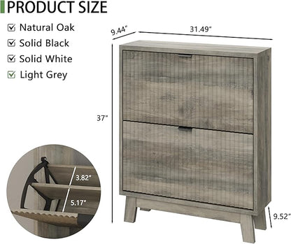 Shoe Cabinet with 2 Flip Drawers, 37" Tall Narrow Fluted Shoe Storage Organizer for Entryway, Hidden Slim Wooden Shoe Rack Cabinet for Front Door Entrance, Hallway, Living Room, Light Grey