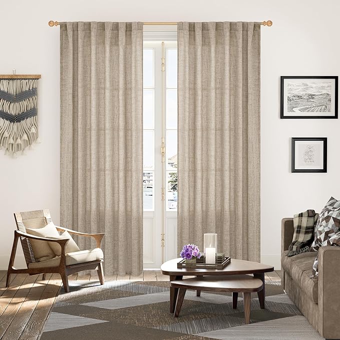YoungsTex Dark Oatmeal Linen Semi Sheer Curtains 80 Inch Length for Living Room, Light Filtering Window Treatments Drapes with Rod Pocket Back Tab for Bedroom, 2 Panels, 52 X 80 Inch
