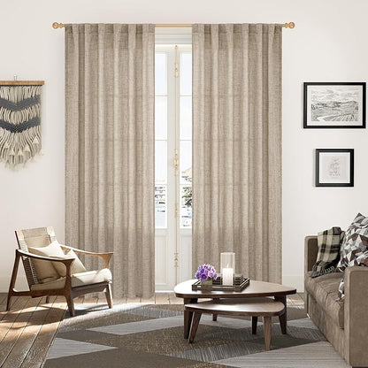 YoungsTex Dark Oatmeal Linen Semi Sheer Curtains 80 Inch Length for Living Room, Light Filtering Window Treatments Drapes with Rod Pocket Back Tab for Bedroom, 2 Panels, 52 X 80 Inch