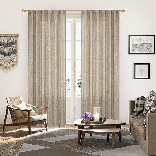 YoungsTex Dark Oatmeal Linen Semi Sheer Curtains 80 Inch Length for Living Room, Light Filtering Window Treatments Drapes with Rod Pocket Back Tab for Bedroom, 2 Panels, 52 X 80 Inch