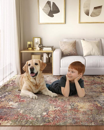 Washable Area Rug for Living Room: 8x10 Modern Abstract Neutral Soft Rug for Bedroom Dining Room No Slip Low Pile Carpet for Nursery Home Office - Red/Ivory
