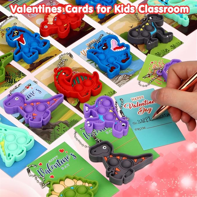 Kiss Monkey Valentines Day Gifts for Kids, Valentines Cards for Kids Classroom with Dinosaur Pop Fidget Toys, School Exchange Gifts for Boys Girls, Class Valentines Party Favors Goodie Bag Stuffers