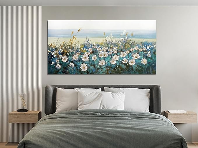 Arjun Flower Wall Art Bedroom Wall Decor Canvas White Daisy Floral Painting Landscape Picture Art Work for Living Room Wall Decor Textured Large Office Home Dining Room, 48"x24"