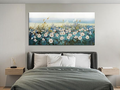 Arjun Flower Wall Art Bedroom Wall Decor Canvas White Daisy Floral Painting Landscape Picture Art Work for Living Room Wall Decor Textured Large Office Home Dining Room, 48"x24"