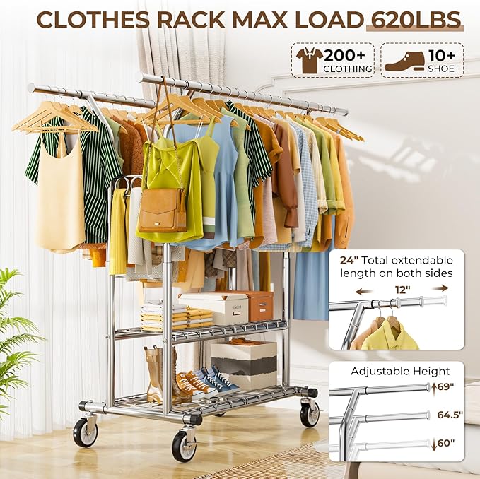 Heavy Duty Clothes Rack, Rolling Clothing Rack With Shelves Load 620 LBS, Double Rod Clothing Racks for Hanging Clothes , Portable& Adjustable Rack with Wheels Garment Rack (Large, Light Silver)