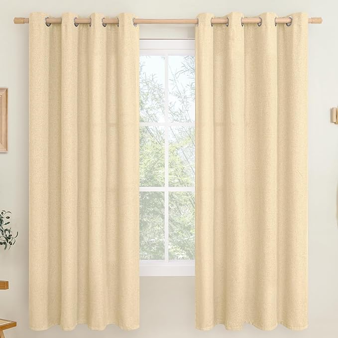 LAMIT 72 Inch Length Linen Curtains for Living Room 2 Panels, Thick Privacy Window Drapes Grommet Light Filtering Panels for Bedroom/Office/Farmhouse, Sand, 52 x 72 Inch